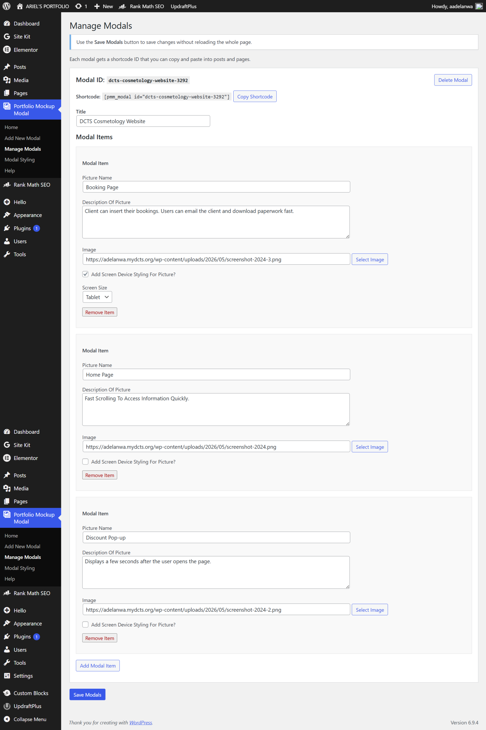Manage Modals WordPress Sub-Menu